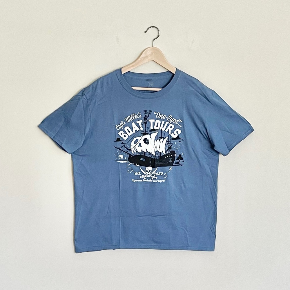 NEW RIPT Captain Willie’s One Eyed Boat Tours Pirate Ship Blue T Shirt Adult XL